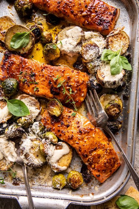 Sheet Pan Honey Mustard Salmon with Caesar Roasted Potatoes | halfbakedharvest.com Meal With Roasted Potatoes, Salmon And Roasted Potatoes, Meals With Roasted Potatoes, Half Baked Harvest Salmon, Sheet Pan Honey Mustard Salmon, Salmon Sheet Pan Dinner, Salmon And Potatoes, Sheet Meals, Salmon Dinner Ideas