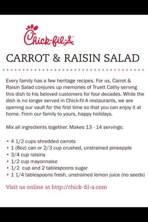 Carrot And Raisin Salad, Chick Fil A Recipe, Raisin Salad, Easy Boat, Carrot Raisin Salad, Carrot Salad Recipes, Salad Dressing Recipes Homemade, Copykat Recipes, Copycat Restaurant Recipes