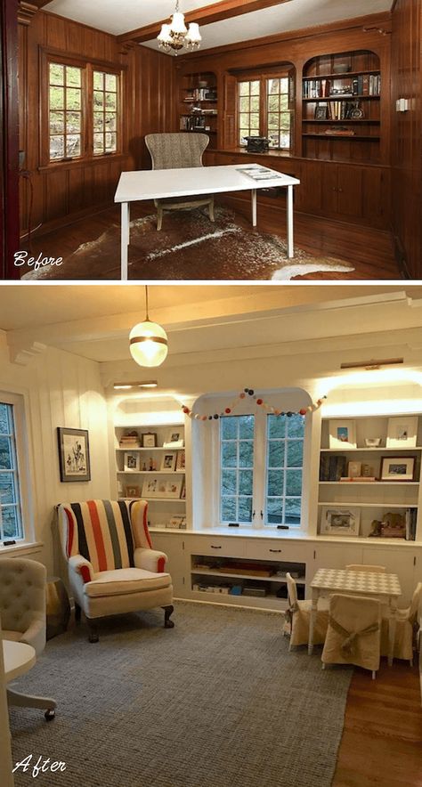 Share Tweet Pin Mail   A Special Treat Today from two wonderful readers featuring some astonishing home makeovers! The first one, Sarah wrote me ... Wood Paneling Walls, Paneling Walls, Wood Paneling Makeover, Knotty Pine Walls, Paneling Makeover, Painting Wood Paneling, Painted Wood Walls, Pine Walls, Painting Wood