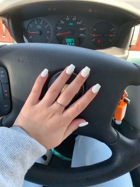 Short Coffin White Nails Designs, Coffin Short White Nails, Short Length Nails Acrylic Coffin, White Box Nails Short, White Nails For Prom Short, Short White Arclyc Nail, Short Coffin Shape Nails White, Short Coffin Milky White Nails, Short White Nails Coffin