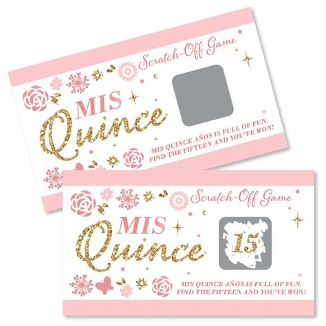 PRICES MAY VARY. Mis Quince Anos Scratch-Off Cards INCLUDES 22 birthday party game cards: 20 "loser" cards and 2 "winner" cards. FUN PARTY GAME: Mis Quince Anos scratch-off cards will be enjoyed by birthday party guests of all ages. Each game card measures 2.75” tall x 4.75” wide. Winner and loser game cards are packaged separately so it is easy to pre-select the game winners if you choose. 3 WAYS TO PLAY: Simple - Greet guests as they arrive and hand them a scratch-off card. Quick - Display one Quince Invites, 15 Birthday Party, Sweet 15 Birthday, Gift Bingo, Birthday Party Game, Milestone Birthday Party, 15 Birthday, Colorful Birthday Party, Scratch Off Cards