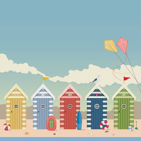 Nautical Beach Huts Vector 142448 Vector Art at Vecteezy Beach Huts Art, Beach Graphics, Arts And Crafts House, Pretty Beach, Beach Huts, Nautical Art, Beach Scene, Beach Hut, Kites