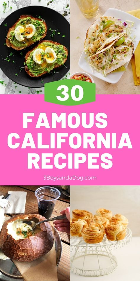 These Famous California Foods include avocado toast, fish tacos, cruffins, cobb salad, and the California sushi roll. You can’t go wrong with any of them! #foodsofcali #seafoodrecipes #learnaboutcalifornia #3boysandadog California Fish Tacos, West Coast Recipes, California Dinner Recipes, California Dessert Recipes, California Cuisine Recipes, California Mexican Food, California Food Recipes, California Appetizers, California Desserts