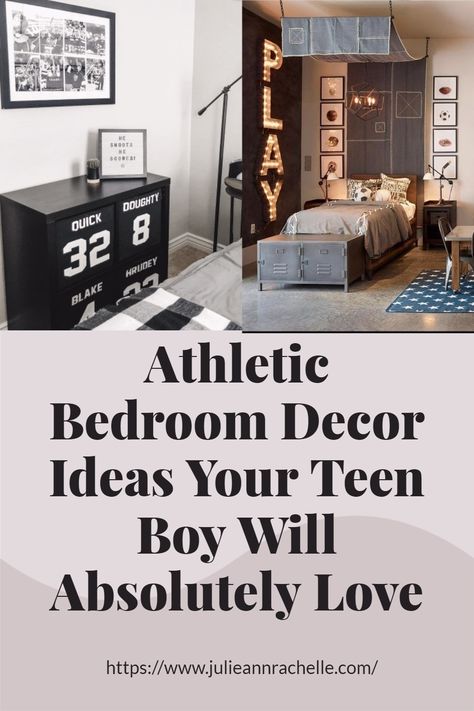 Transform your teen boy's room into a sporty sanctuary! 🏀 Dive into our top Athletic Bedroom Decor Ideas featuring sports themes, industrial style, and genius bedroom decorating ideas. Click to read, and pin for future reference! 📌 #TeenBoyDecor #AthleticBedroom #PinterestDecor #SportyRoom #DecoratingIdeas Pottery Barn Sports Bedroom, Soccer Inspired Bedroom, Teenage Sports Bedroom, Sports Bedroom For Teenage Boys, Locker Room Bedroom Ideas, Teen Boys Sports Bedroom Ideas, Teen Boy Soccer Bedroom, Football Room Ideas For Boys, Teen Football Bedroom