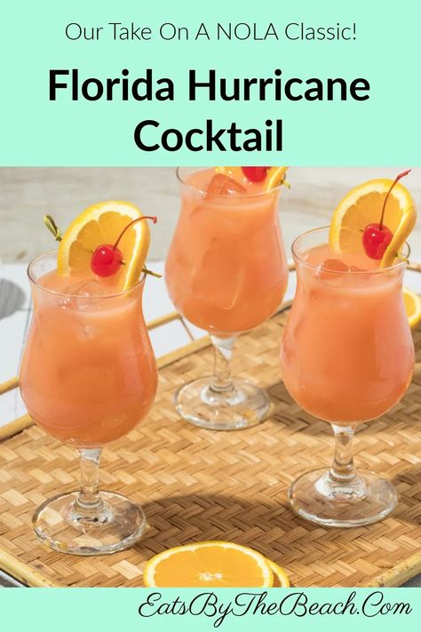 A take on a classic NOLA cocktail, this Florida Hurricane Cocktail is full of tropical flavors and two types of rum. Served in a tall hurricane glass and garnished with a slice or orange and a maraschino cherry, this tropical cocktail packs a punch. Cocktail With Rum, Sweet Alcoholic Drinks, Mardi Gras Cocktails, Mardi Gras Drinks, Cold Drinks Recipes, Alcoholic Punch Recipes, Cocktails At Home, Creative Cocktails, Mardi Gras Food