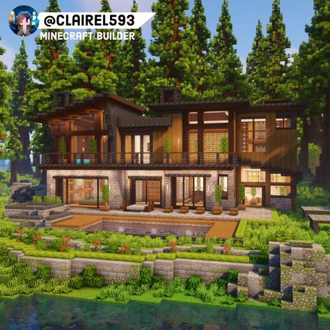 Built by me, paintergigi, waspycraft, & airtug. #minecraft #minecraftbuildingideas #minecraftbuild #minecraftaesthetic #minecraftsurvival Barndominium Minecraft, Spruce Minecraft Mansion, Good Minecraft Houses, Minecraft House Mansion, Minecraft Modern Ideas, Minecraft Modern Cabin, Beautiful Minecraft Houses, Huge Minecraft Houses, Minecraft Lake House Ideas