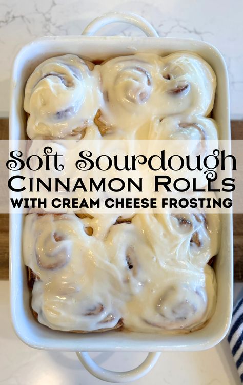 These sourdough cinnamon rolls are a must! It's a classic homestyle cinnamon roll made with long fermented sourdough. This easy recipe makes the softest sourdough cinnamon rolls! Includes easy step by step instructions for beginners. #sourdough #cinnamonrolls Active Sourdough Cinnamon Rolls, Cinnamon Rolls Homemade Sourdough, Fluffy Sourdough Cinnamon Rolls, Sourdough Rolls Recipe, Overnight Sourdough Cinnamon Rolls, Sourdough Cinnamon Rolls Quick, Sourdough Starter Cinnamon Rolls, Sourdough Baked Goods, Sourdough Cinnamon Rolls Overnight