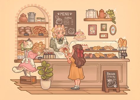 Here’s this month’s Cozy Bakery print! 🧁✨ I can almost smell the fresh croissants and I’m seriously missing my European bakeries now. 🥲♥️ • You can get this print (and other goodies!) by being a member or joining my Patre•n this September. 🥰 Swipe to get a closer look and to see the back design! A full reveal of all goodies will come once I have the bookmark designs ready as well. 😌 • • • #cozy #bakery #cute #digitalart #illustration #pastelcolors #pastries #bakerylover #catgirl #kitty #cuteart Smelling Like A Bakery, Bakery Drawing, Baking Illustration, Fresh Croissants, Bakery Illustration, Bakery Background, Bakery Window, Cozy Bakery, Bakery Art