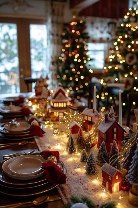 #ChallengedesFêtes Christmas Table Decorating Contest Ideas, Christmas Village Dining Table, Christmas Decor Dining Room Table, Christmas Village Table Centerpiece, Red Christmas Table Decor, Holiday Hosting Ideas, Simple Christmas Decor Ideas, Classic Christmas Decor, Christmas Hosting