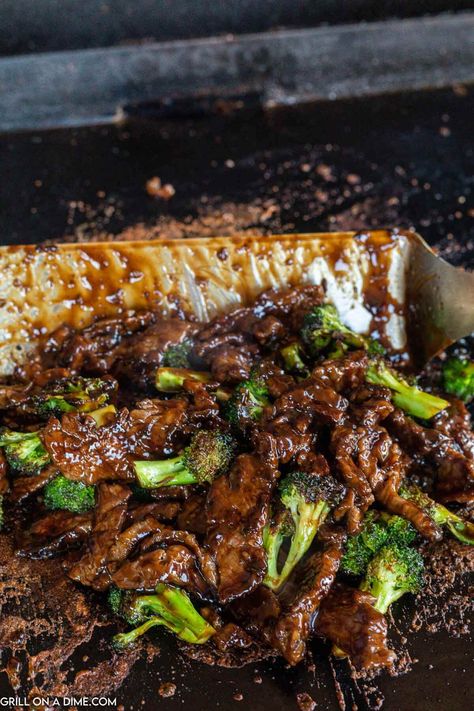 Blackstone Beef and Broccoli Recipe - grillonadime.com Outdoor Griddle Recipes, Hibachi Recipes, Griddle Cooking Recipes, Beef And Broccoli Recipe, Outdoor Cooking Recipes, Blackstone Recipes, Cooking Stone, Griddle Recipes, Griddle Cooking