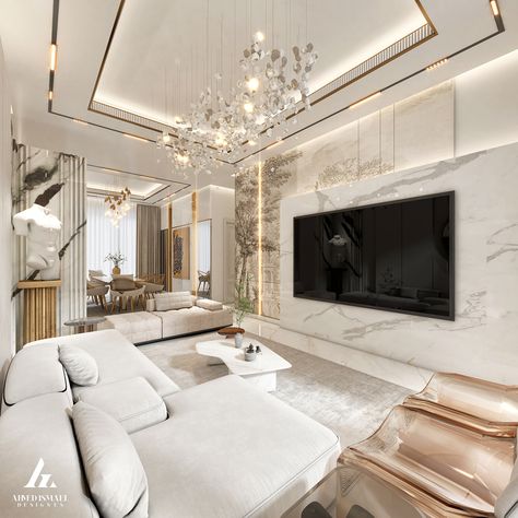 𝐔𝐧𝐢𝐪𝐮𝐞 𝐃𝐞𝐬𝐢𝐠𝐧 𝐅𝐨𝐫 𝐋𝐢𝐯𝐢𝐧𝐠 𝐑𝐨𝐨𝐦 :: Behance Luxury Tv Wall, Ruang Tv, Luxury Ceiling Design, Wall Tv Unit Design, Pop Ceiling Design, Ceiling Design Modern, Indie Room, Tv Decor, Beautiful Interior Design