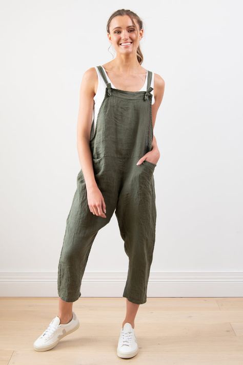 JAKI Linen Dungarees In Khaki Linen Dungarees, Dungaree Outfit, Low Waist Jeans, Op Shop, Warm Boots, Solid Colour, Dungarees, Ethnic Fashion, Maternity Fashion