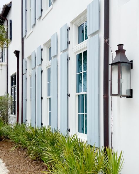 Beautiful House and Shutter Color Combinations Slate Blue Shutters, Best Blue Shutter Color, Shutter Paint Colors Exterior, White House Light Blue Shutters, Off White House With White Trim, Exterior House Paint Color Combinations Coastal Beach Cottages, Hale Navy Shutters, Beachy Shutters, Blue Gray Shutters