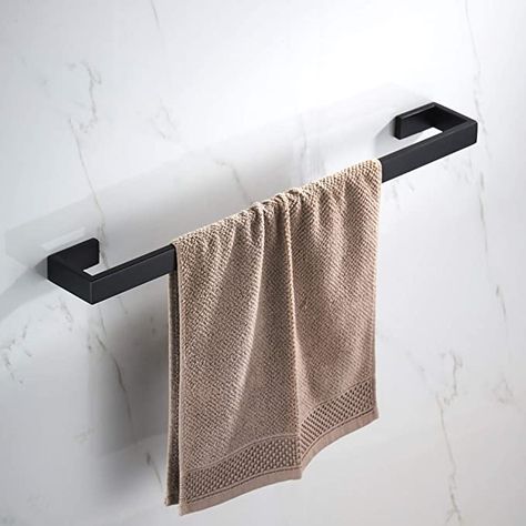 AmazonSmile: JunSun Matte Black Towel Bar 24-Inch Stainless Steel Towel Holder Modern Towel Rail Bathroom Accessories Square Towel Rack Wall Mounted: Home & Kitchen Black Towel Holder, Toallero Ideas, Black Bathroom Hardware, Black Towel Bar, Bathroom Towel Holder, Modern Bathroom Accessories, Modern Towels, Matte Black Bathroom, Bathroom Black