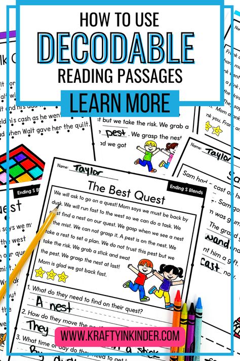 Discover the power of decodable texts for your kindergarten and first-grade students! Our latest blog post, 'How to Use Decodable Reading Passages', dives into everything teachers need to know. Learn practical strategies and expert tips to enhance early literacy skills. Don't miss out on this valuable resource – click the pin to read now! www.kraftyinkinder.com Decodable Readers Free, 2nd Grade Decodable Readers, Decodable Readers First Grade, Free Decodable Readers First Grade, Decodable Sentences First Grade, Literacy Intervention, Decodable Readers, Close Reading Passages, Reading Help