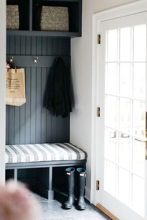 Black Beadboard Backsplash, Laundry Room Ideas Farmhouse, Beadboard Mudroom, Shelves Laundry Room, Black Beadboard, Beadboard Trim, Room Ideas Farmhouse, Transitional Laundry Room, Small Laundry Room Ideas