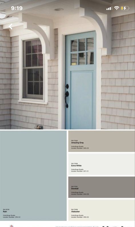 Exterior Color Palette Modern, Maine House Exterior, Sherwin Williams Exterior Paint Schemes, Light Blue Shutters, Coastal Exterior House Colors, Cape House Exterior, Exterior House Options, Light Blue House, Blue Exterior Paint