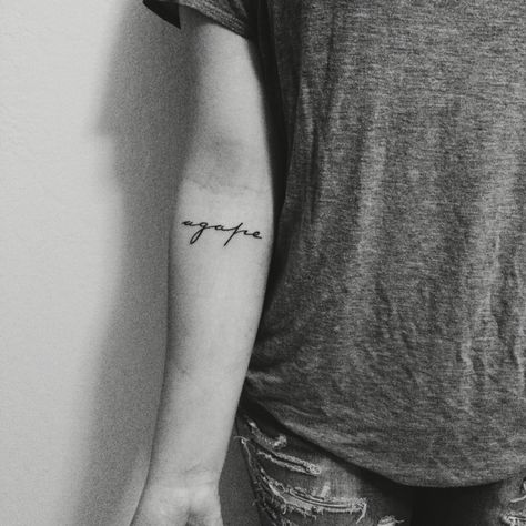 Agape (/ˈæɡəpiː/ or /ˈæɡəpɪ/; Classical Greek: ἀγάπη, agápē; translated as "love: the highest form of love, the love of God for man." Love God Love People Tattoo, Agape Love Tattoo, Agape Tattoo, Love People Quotes, The Love Of God, Small Hand Tattoos, Love Of God, Bold Fonts, People Quotes