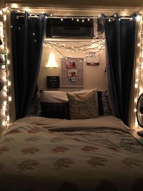 Canopy Bed In Closet, Bed In Nook Ideas, Bed Takes Up Whole Room, Room Ideas Bed In Closet, Room With Bed In Closet, Closet Turned Into Bed Nook, Bed Against Closet, Bed Half In Closet, Queen Bed Teen Room