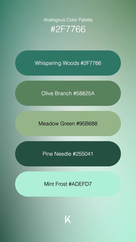 Analogous Color Palette Whispering Woods #2F7766 · Olive Branch #58825A · Meadow Green #95B688 · Pine Needle #255041 · Mint Frost #ADEFD7 Analogous Color Palette, Analogous Color, Verdant Green, Hex Color Palette, Willow Green, Hex Colors, Pine Needles, Colorful Landscape, Olive Branch