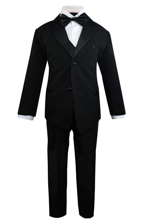 PRICES MAY VARY. Dress him in a refined black-tie look with this classic fit formal dress set from Luca Gabriel. Add shoes and he's ready for any special event! 5-Piece includes single breasted jacket, flat front dress pants, adjustable bowtie, point collar white dress shirt and fully lined vest Material: 100% polyester for Jacket, Pants, Tie and Vest ; 65% polyester and 35% cotton for white dress shirt. Please review our size chart for best fitting and allow up to 0.5 inch deviation from actual Pakistani Formal Dresses Party Wear, Formal Dresses Party, Suit Stores, Pakistani Formal Dresses, Black Suit Jacket, Formal Suit, Mens Sport Coat, Navy Suit, Formal Suits