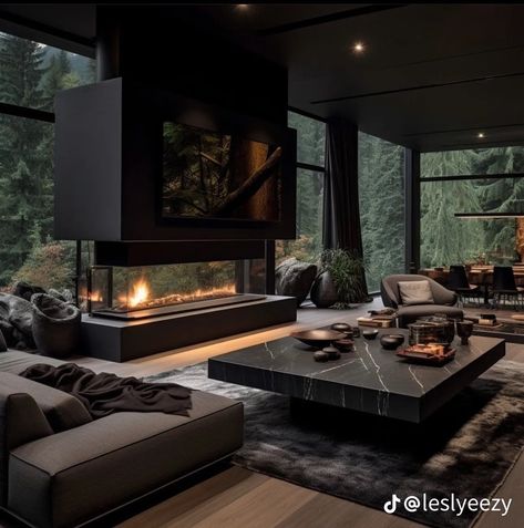 Sunken Living Room, Black Interior Design, Dark House, Minimalist Kitchen Design, Dark Theme, Living Room Design Inspiration, Modern Mansion, Home Building Design, Dream House Interior