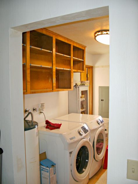 Laundry Room Redo - Open Shelving and Painting - Little Vintage Cottage Open Cabinets In Laundry Room, Open Cabinet Laundry Room, Laundry Room With Open Shelving, Removing Cabinet Doors For Open Shelving, Diy Open Shelving, Laundry Room Redo, Baseboard Trim, Laundry Cabinets, Laundry Room Shelves