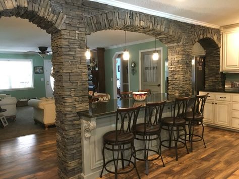 Arch Bar, Stone Archway, Brick Arch, Affordable House Plans, Linear Fireplace, House Floor Design, Stone Arch, Kitchen Remodel Design, Bedroom Decor Design