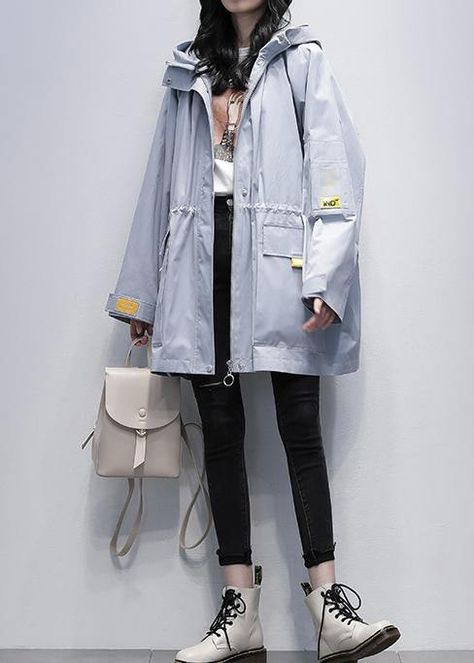 Modern hooded Cinched Plus Size trench coat gray blue coats - SooLinen Plus Size Trench Coat, Blue Coats, Drawing Clothes, 여자 패션, Character Outfits, Jacket Outfits, Mode Outfits, Look Cool, Classy Outfits