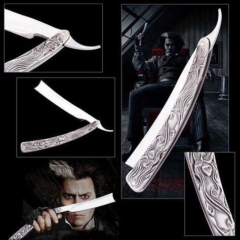 A replica of the Sweeney Todd razor is only $9. But the blade is so long it's ridiculous... like putting a machete to your face :/ Sweeney Todd Movie, Dark Blade, Barber Straight Razor, Movie Replica, Straight Razor Shaving, Sweeney Todd, Shaving Razor, Wet Shaving, Straight Razor