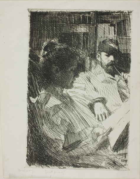 Aloud, together: Anders Zorn's Reading (Mr. and Mrs. Ch. Deering), 1893. Etching on off-white wove paper. Wallace L. DeWolf & Charles Deering Collections of Etchings by Anders Zorn, 1927.1851. In the collection of the Art Institute of Chicago. Anders Zorn, Intaglio Printmaking, Isabella Stewart Gardner Museum, Isabella Stewart Gardner, Gardner Museum, Etching Prints, Arte Sketchbook, Sketchbook Inspiration, Drawing Prints