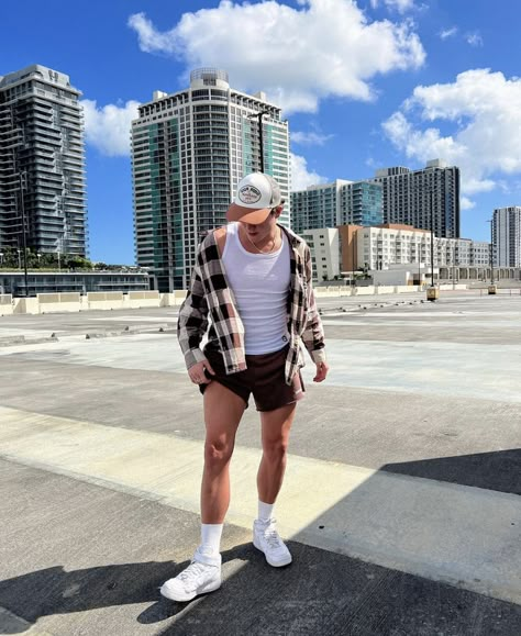 Florida Guy Outfits, Florida Fits Men, White Boy Summer Outfits, California Aesthetic Outfit Men, Summer Outfits Men Shorts Street Styles, Outfit Short Hombre, Amusement Park Outfit Men, Sando Outfit For Men, Muscle Tee Outfit Men