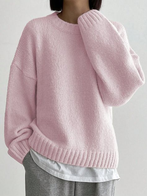 Pink Monochrome, Loose Jumper, Pull Rose, Winter Pullover, Loose Pullover, Women Street, Drop Shoulder Sweaters, Round Neck Sweaters, Women Sleeve