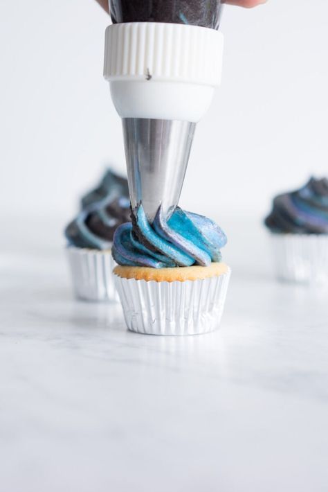 Space Themed Cupcakes, Galaxy Cakes, American Buttercream Frosting, Tomorrowland Party, Galaxy Cupcakes, Space Cupcakes, Cloudy Kitchen, Milk Processing, Vanilla Bean Cupcakes