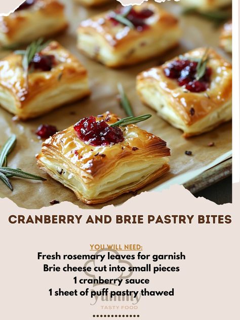 🎉 Try these irresistible Cranberry and Brie Pastry Bites for a festive flavor explosion! 🧀🍇🥐 Recipe: Cranberry and Brie Pastry Bites Ingredients: - 1 sheet of puff pastry, thawed - 1/2 cup cranberry sauce - 8 oz Brie cheese, cut into small pieces - Fresh rosemary leaves, for garnish Instructions: 1. Preheat oven to 400°F (200°C) and line a baking sheet with parchment paper. 2. Roll out the puff pastry and cut into squares. Place them on the baking sheet. 3. Add a dollop of cranberry sauce ... Sausage Cranberry Brie Bites, Puff Pastry And Bree, Puff Pastry Leaves, Maple Cranberry Baked Brie, Thanksgiving Leftover Puff Pastry, Cranberry And Brie Puff Pastry Wreath, Brie And Cranberry Puff Pastry, Brie Cheese Recipes Puff Pastries, Puff Pastry Brie And Jam