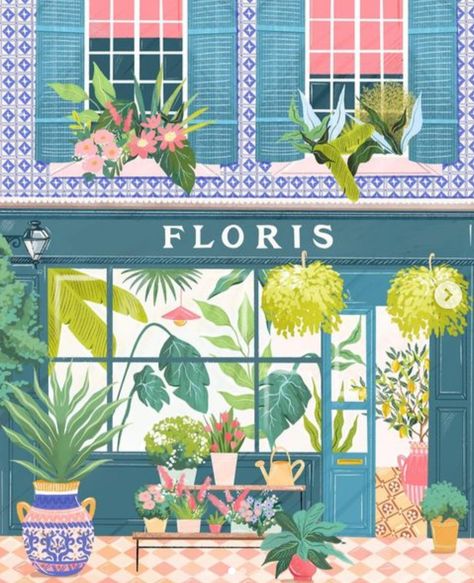 Vision Board Collage, Flower Cafe, Pastel Poster, Shop Poster, Building Illustration, Cute Cottage, Florist Shop, Plants And Flowers, Different Plants