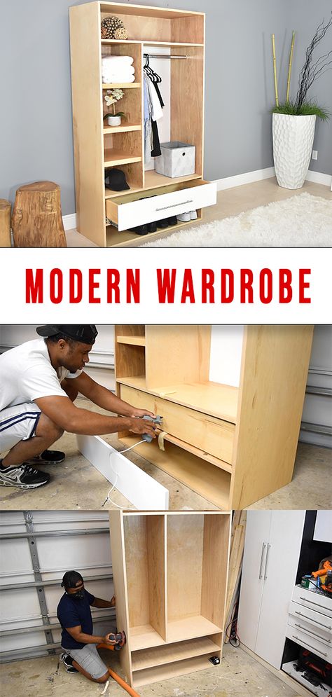 Learn how to make your very own wardrobe with these instructions. #closet #wardrobe #modern #DIY Wardrobe Plans Diy, Diy Cabinet Clothes, How To Make A Wardrobe, Wardrobe Diy Build, Diy Armoire Closet, Diy Wardrobe Closet, Homemade Wardrobe, Decorate Airbnb, Wardrobe Diy