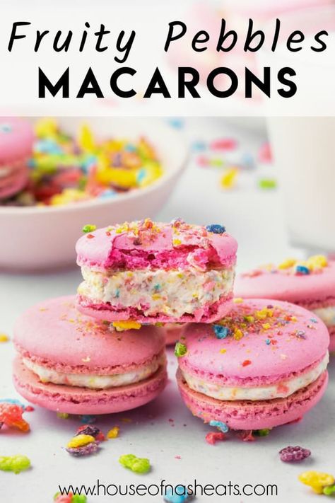 Fruity Pebbles Macarons Recipe Fruity Pebble Macarons, Fruity Pebbles Macarons, Cereal Macarons, Fruity Pebbles Recipes, Fruity Pebbles Cake, Flavored Macarons, Summer Sleepover, Fruity Pebbles Treats, Macaron Ideas