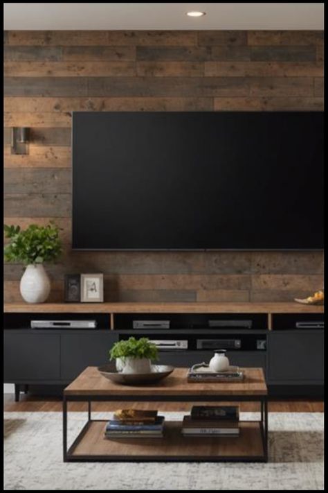 Modern living room with a large TV on a wooden accent wall, a black entertainment unit, and a wooden coffee table decorated with plants and books. Wood And Black Living Room, Black And Oak Living Room, Black And Wood Living Room, Male Living Room Ideas, Male Living Room, Living Room Colour Ideas, Room Colour Ideas, Brown Wood Table, Oak Living Room