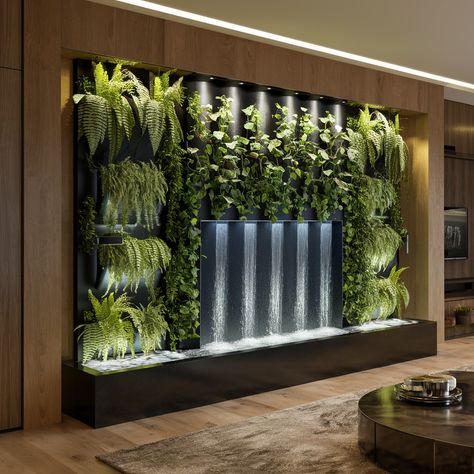 Waterfall vibes meet lush greenery. 💧🌱 #livingwall #natureinside Indoor Waterfall Living Rooms, Office Waterfall, Stolen Focus, Spa Bus, Burgundy Christmas Decor, Fence Edging Ideas, Front Yard Halloween, Makeover Living Room, Kitchen Decor On A Budget