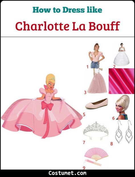 Charlotte La Bouff Costume for Cosplay & Halloween Charlotte Princess And The Frog Halloween Costume, Tina And Charlotte Costume, Charlotte La Bouff Costume, Charlotte Princess And The Frog Costume, Charlotte Costume, Pink Princess Gown, Charlotte La Bouff, Light Pink Flats, Hot Pink Ribbon