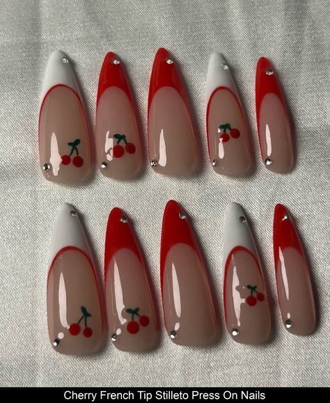 Hi there  #almond #nail #design #ideas Cherry French Tip Nails Square, Acrylic Gel Nail Designs, Cherry French Tip, Red Nail Design, Nails Cherry, Cherry Nail, Red Ombre Nails, Red And White Nails, Red And Gold Nails