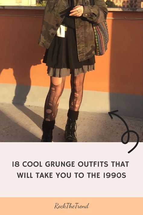 Person wearing grunge outfit, including a skirt, patterned tights, and boots, standing outside with the text, "18 Cool Grunge Outfits That Will Take You to the 1990s". 90s Dress Outfit, Cool Grunge Outfits, Green Grunge Outfit, All Leather Outfit, Plaid Slip Dress, Concert Clothes, Olive Green Outfit, Ripped Tights, 90’s Grunge