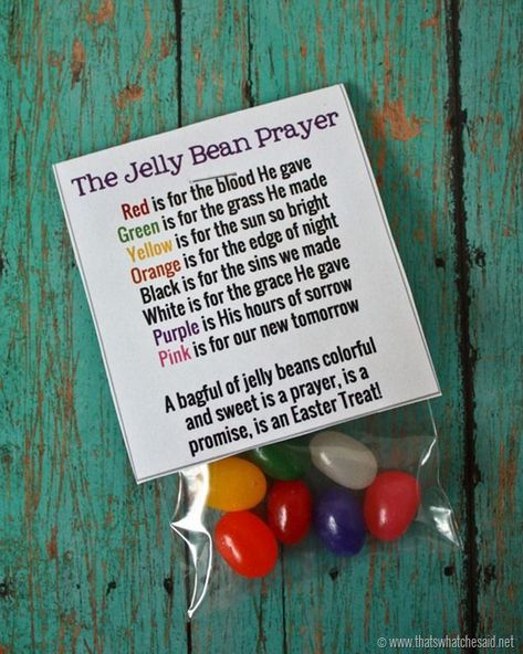 Get this free printable Jelly Bean Prayer, add a small baggie of jelly beans and you have an adorable Easter Basket Stuffer!  These area also great for mom's groups, play groups etc.  #jellybean #easterfun Jelly Bean Prayer, Easter Religious Crafts, Easter Preschool, Trendy Diy, Easter Religious, Celebration Ideas, Bag Topper, Church Crafts, Easter Projects