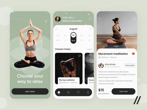 Meditation Classes App designed by Kristina Spiridonova for Purrweb UI/UX Agency. Connect with them on Dribbble; the global community for designers and creative professionals. Meditation App Design, Meditation App Ui, Mindfulness Garden, Massage App, Yoga Details, Web App Ui Design, Gym App, Class App, Wellness App