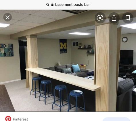 Bar Between Basement Poles, Basement Posts, Basement Columns, Bar In Basement, Basement Seating, Basement Industrial, Basement Poles, Room Theater, Basement Remodel Diy