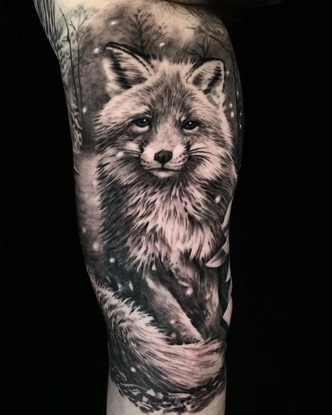 Forest Fox Tattoo, Fox Cover Up Tattoo, Forest Animals Tattoo, Fox Sleeve Tattoo, Fox Tatoos, Forest Animal Tattoo, Fairytale Tattoos, Tree Sleeve Tattoo, Deer Tattoo Designs