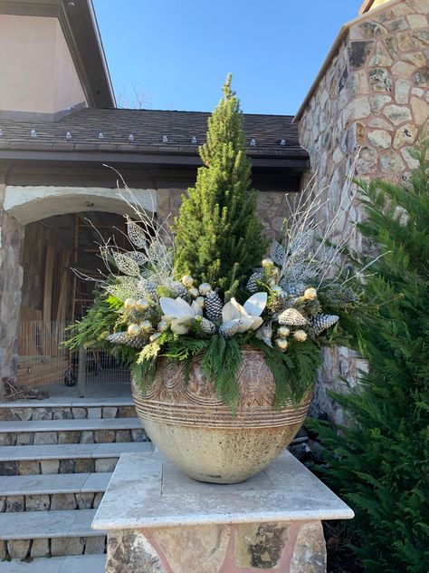 Christmas Pot Ideas Front Porches, Faux Winter Planters, Evergreen Christmas Planters, Outdoor Winter Pots Decorating Ideas, Christmas Tree In Pot Planters, Winter Planters Outdoor, Winter Pots Outdoor Planters, Christmas Pots Outside Front Porches, Winter Outdoor Planter Ideas