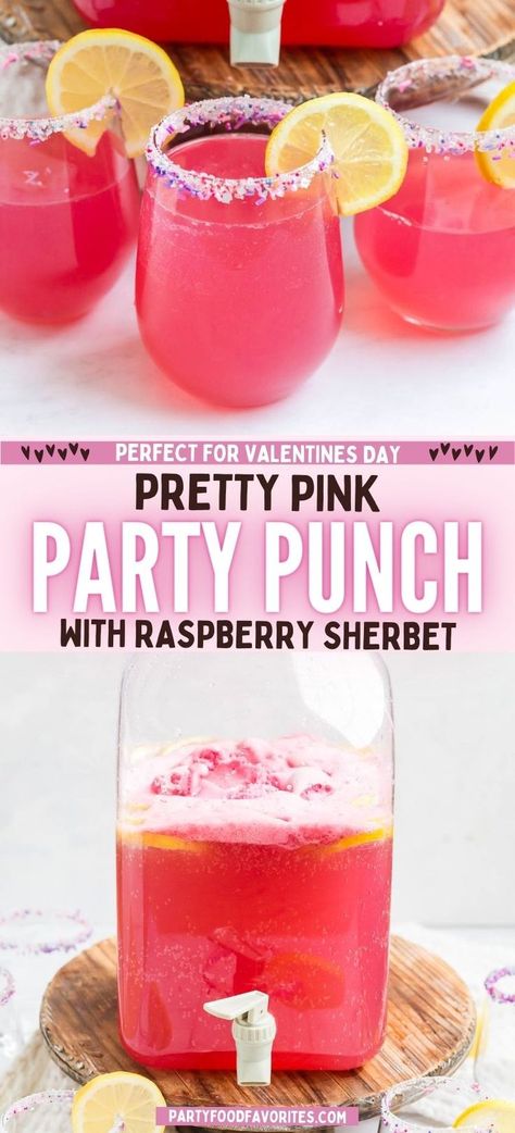 Pink Party Punch with Raspberry Sherbet Punch With Sherbet, Pink Party Drinks, Pink Party Punch, Pink Alcoholic Drinks, Party Punch Alcohol, Pink Party Punches, Pink Punch Recipes, Bridal Shower Punch, Pink Party Foods