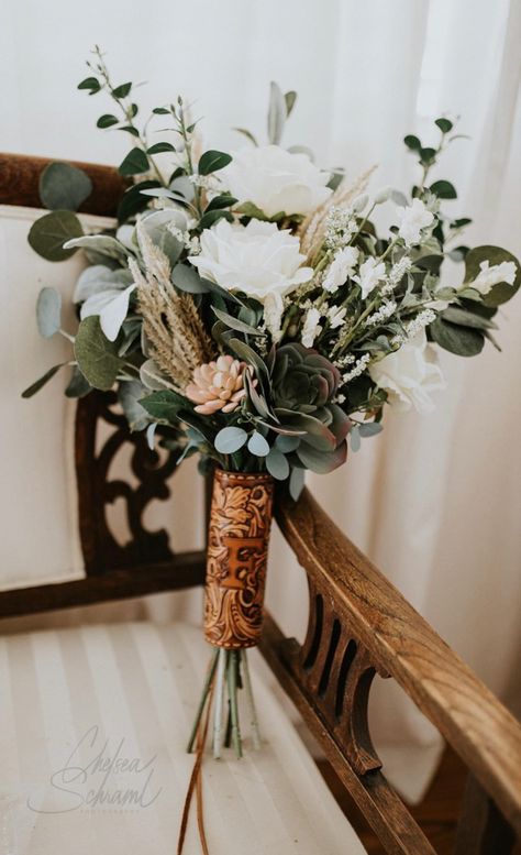 Leather Wrapped Bouquet, Western Eucalyptus Wedding, Country Green Wedding, Western Style Bouquet, Sage Green Wedding Western, Simple Rustic Bouquet, Western Prom Bouquet, Boho Western Bouquet, Western Flower Arrangements Wedding